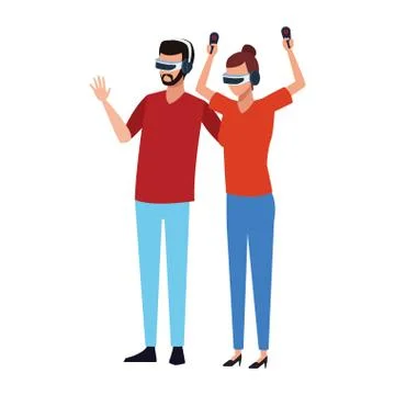 Man and woman using technology of augmented reality 스톡 일러스트