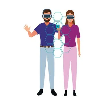 Man and woman using technology of augmented reality 스톡 일러스트