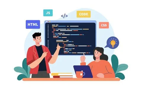 Man and woman working as programmer, writing code using laptop Illustration Stock Illustration