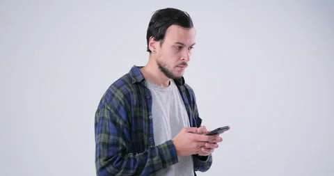 Man angry type message using mobile phone Stock Footage 143943276