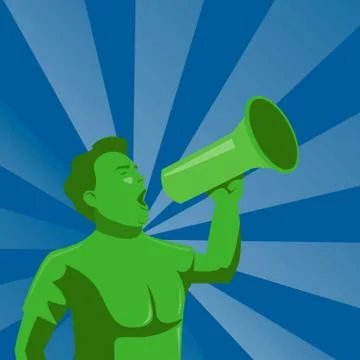 Man announcing through megaphone or mouthpiece advertising Stock Illustration