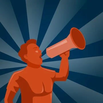 Man announcing through megaphone or mouthpiece advertising Stock Illustration