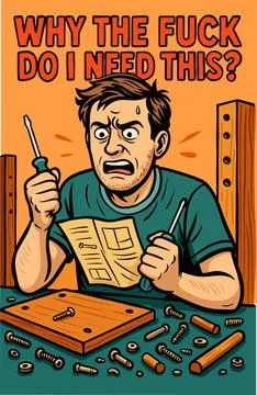 A man with an annoyed expression is holding an instruction manual Illustrazione stock