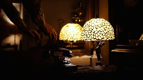 Man answering and Using Vintage Rotary Dial Telephone. Antique room decor Stock Footage 73378327
