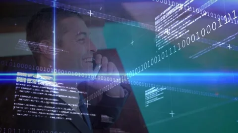 Man answering call while holding phone, handling business call, animated binary Stock Footage 332746794