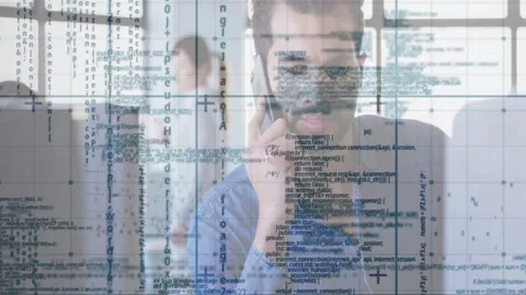 Man answering ringing phone, fixing tech bug while code grid overlay sliding Stock Footage 333132013