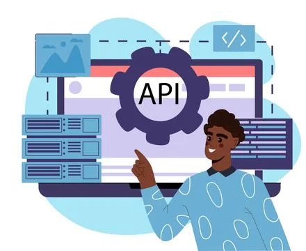 Man with api system. Programmer works on program and app. Coder writes code 库存插图