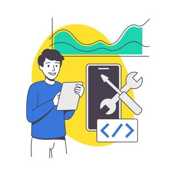 Man App Dev Professional Developing Software Application for Mobile Device Stock Illustration