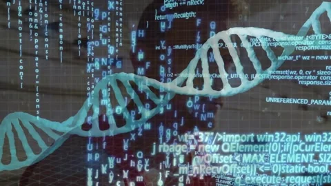 Man appearing on clear screen watching overlay activating, tilting helix and Stock Footage 320726512