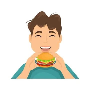 A man with appetite eats hamburger hands. Vector illustration of fast food. Stock Illustration
