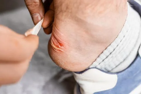 Man applying an adhesive plaster patch to a painful blister on his heel. Cl.. Stock Photos