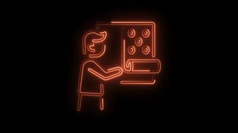Man applying patterned wallpaper neon outline glowing animation home improv.. Stock Footage 345990979