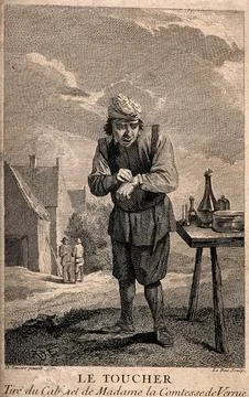 A man applying a plaster to his hand outside in a rural setting. Etching by.. Stock Illustration