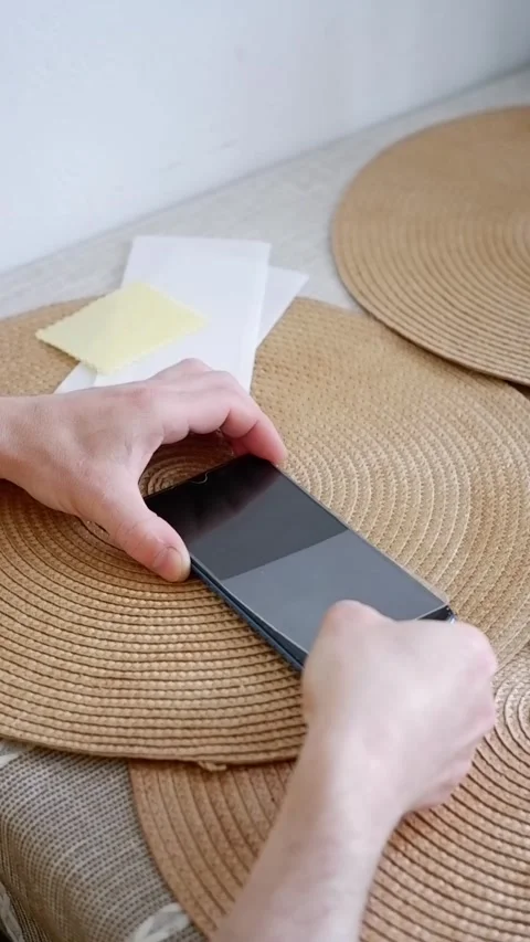 Man applying protective glass on smartphone screen Stock Footage 338008616