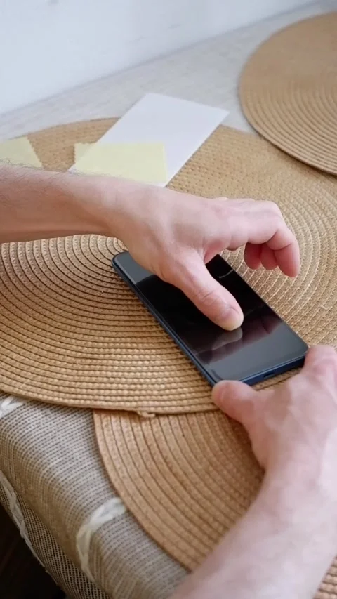 Man applying protective glass on smartphone screen Stock Footage 338008626