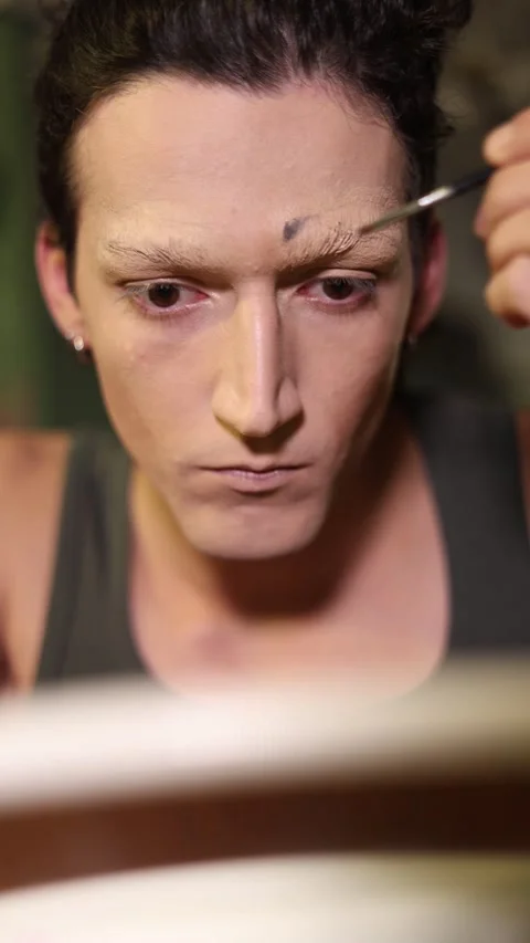 Man applying stage makeup on his eyebrows Stock Footage 335219809