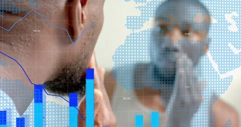 Man approaching mirror, touching face and generating bar charts, grid, map, line Video stock 321715166
