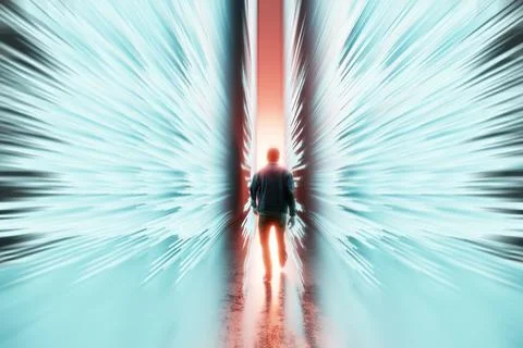 Man approaching a radiant red and blue data corridor Stock Illustration