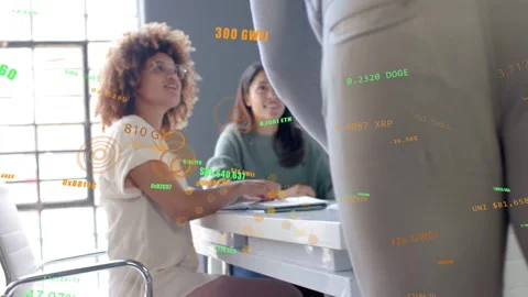 Man approaching table, leaning in and presenting data while crypto tickers 스톡 동영상 332731826