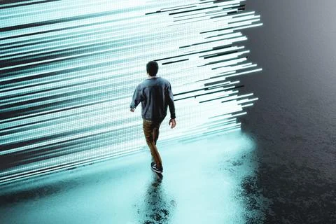 Man approaching a wall of glowing light streaks Stock Illustration