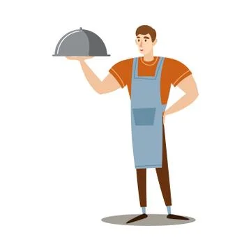 Man in apron holding dish with cooked barbecue vector illustration Stock Illustration
