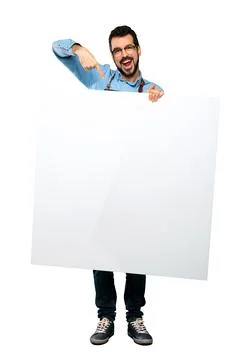 Man with apron  holding an empty placard Foto stock