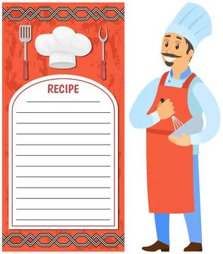 Man in apron preparing dish near food, products icons. Chef works with kitchen Illustrazione stock