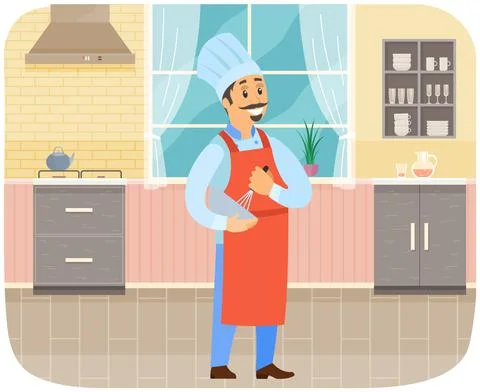 Man in apron preparing dish near food, products icons. Chef works with kitchen Illustrazione stock