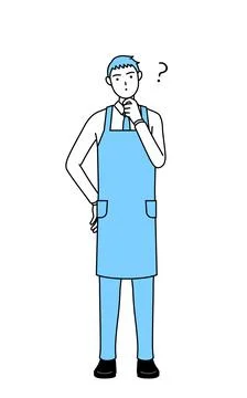 A man in an apron with questions. Illustrazione stock