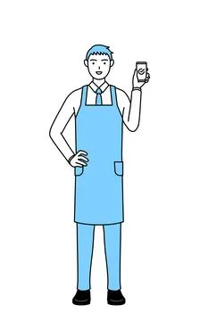 A man in an apron using a smartphone at work. Stock Illustration