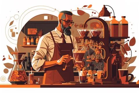 A man in an apron is working in a coffee shop with a beard and glasses liam.. Stock Illustration