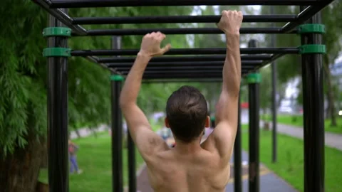 A man of Arab appearance on pull -up bars does exercises. Stock Footage 199421896
