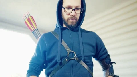 Man archer put on a finger tab Stock Footage 81751430