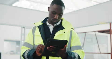 Man, architect and inspection with tablet for construction plan, design or Stock Footage 341461485