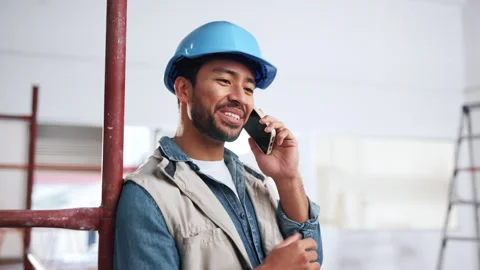 Man, architect and talk with phone call for construction, laughing and feedback Stock Footage 341548001