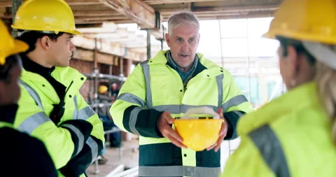Man, architect and team with helmet for safety training, PPE regulations or Stock Footage 337151365