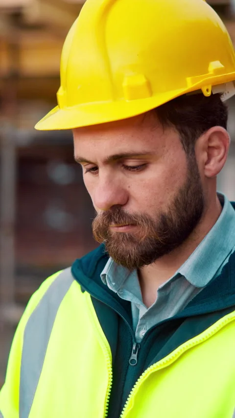Man, architect and thinking with helmet on construction site for building design Stock Footage 336190572