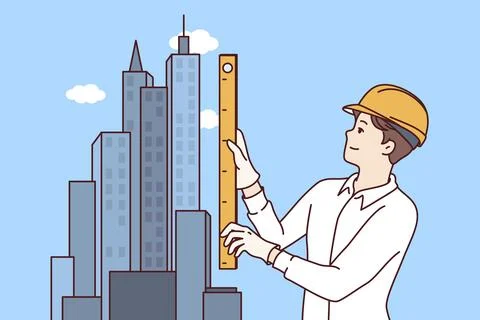 Man architect designs construction of skyscraper and stands near models of 스톡 일러스트