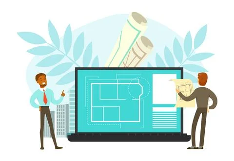 Man Architect Discussing Project and Blueprint Drawing for House Engineering Stock Illustration