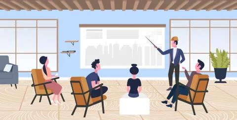 Man architect doing presentation engineer presenting new building city model to Ilustración de archivo