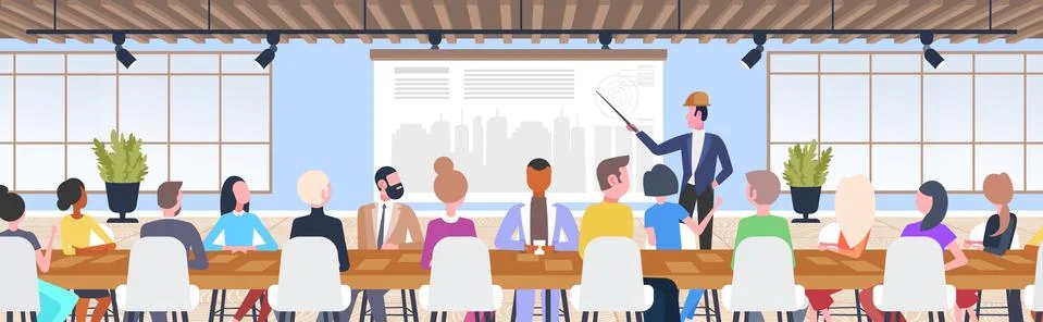 Man architect doing presentation engineer presenting new building city model to Ilustración de archivo