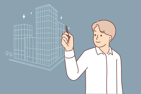 Man architect draws buildings on virtual screen, coming up with project downtown Ilustración de archivo