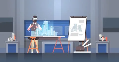 Man architect engineer wearing digital glasses virtual reality 3d building city Ilustración de archivo