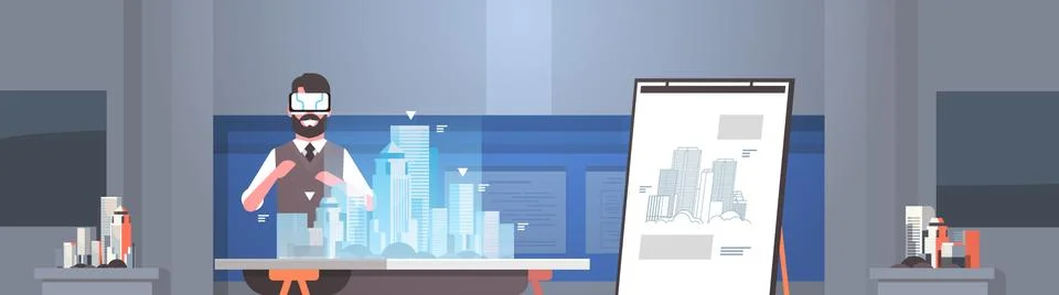 Man architect engineer wearing digital glasses virtual reality 3d building city Ilustración de archivo