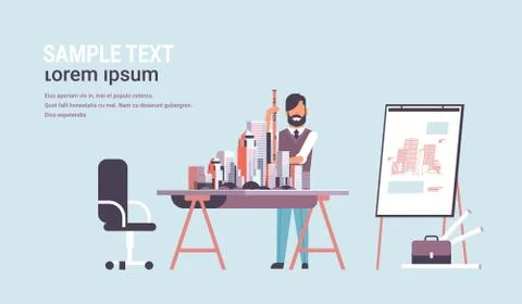 Man architect holding level engineer working with new building city model for Ilustración de archivo