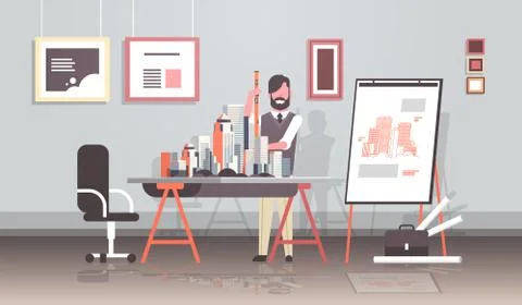 Man architect holding level engineer working with new building city model for Ilustración de archivo