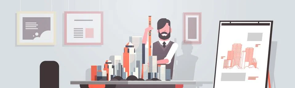 Man architect holding level engineer working with new building city model for Ilustración de archivo