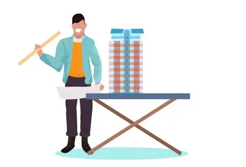 Man architect holding level engineer working with new building city model for Ilustración de archivo