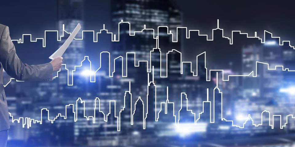 Man architect or engineer presenting construction concept and holding documents Stock Photos