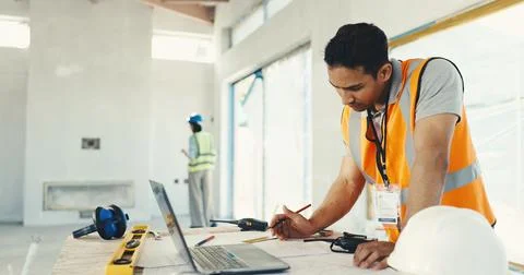Man, architect or thinking with documents on construction site for building Foto stock